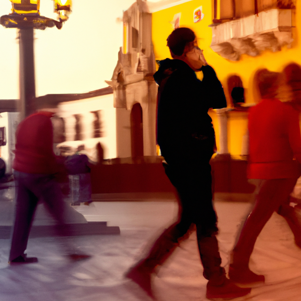 Fotógrafo de reportaje en la Plaza Mayor de Lima capturando la escena urbana con luz suave